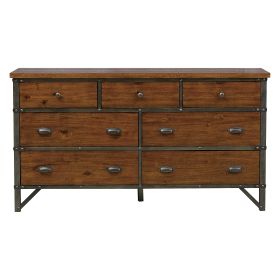Industrial Design Bedroom Furniture 1pc Dresser of 7 Drawers Rustic Brown and Gunmetal Finish Wooden Furniture