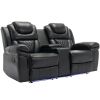 Home Theater Seating Manual Recliner Loveseat with Hide-Away Storage, Cup Holders and LED Light Strip for Living Room, Black