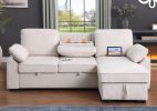 Mackenzie 91" Beige Chenille Fabric Reversible Sleeper Sectional with Storage Chaise, Drop-Down Table, Cup Holders and Charging Ports
