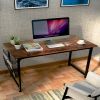 Study Computer Desk-40 Inch Home Office Desk, Wood Storage Table, Modern Writing Style Laptop Table, Black Metal Frame, PC Table with Storage Basket a