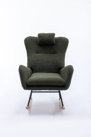 35.5 inch Rocking Chair, Soft Teddy Velvet Fabric Rocking Chair for Nursery, Comfy Wingback Glider Rocker with Safe Solid Wood Base for Living Room Be (Color: Dark green, Material: Teddy Velvet)